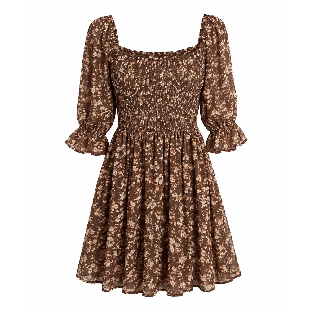 Baltic Born XL Brown Floral Smocked Tiered Mini Dress Long Sleeve Cottagecore